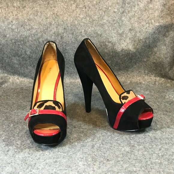 Nine West Women's Black Leather Front Red Strap Leopard Open Toe Heel Shoes - Picture 6 of 12